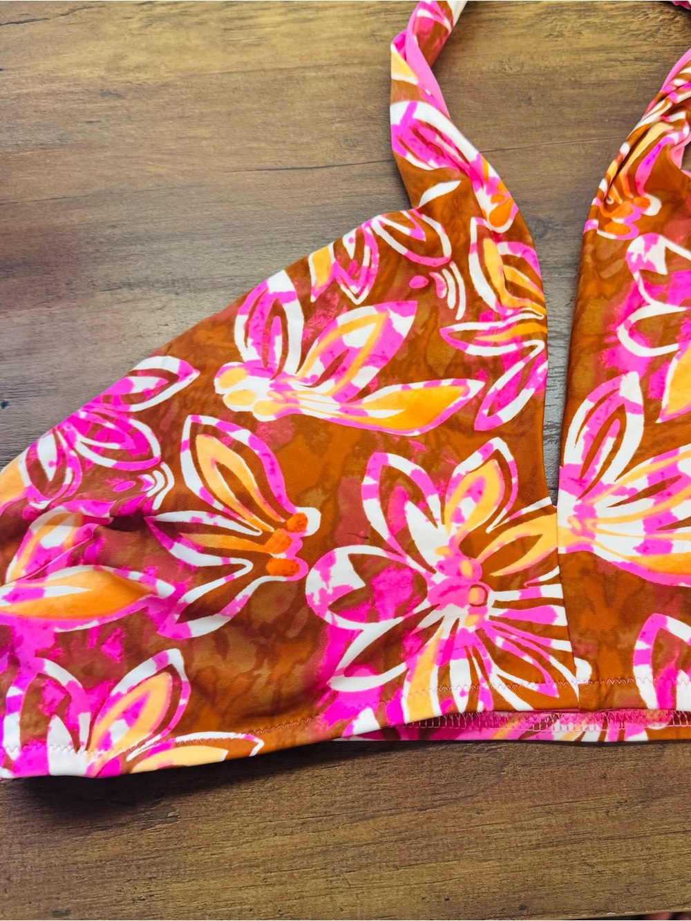 NWOT Aerie Crossover Halter Bikini Top Orange Pink Tropical Floral Print NWOT XL - Picture 3 of 5